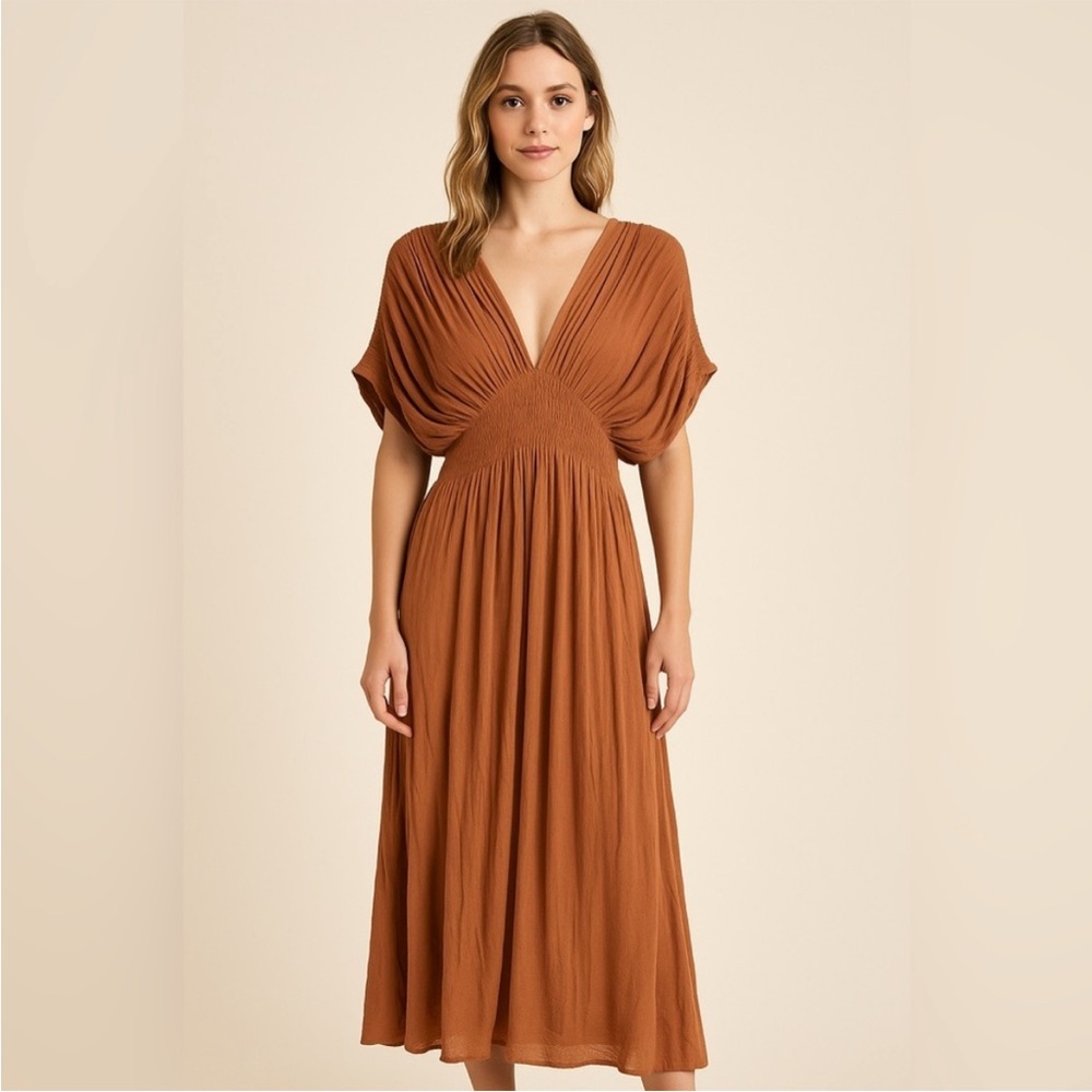 NWT MIOU MUSE Rust Brown Maxi Dress Size L | Smocked Empire Waist
